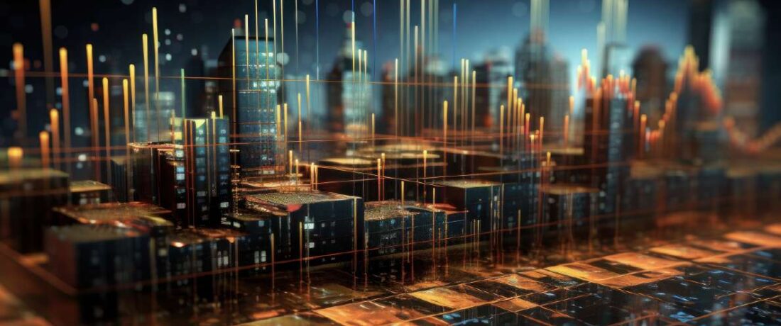 Holograma de una ciudad con barras estadísticas simulando un análisis financiero
