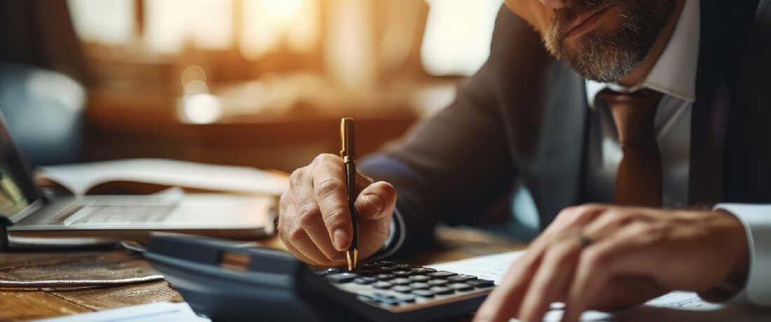 Hombre de negocios trabajando con el uso de una calculadora para calcular los números de los datos financieros