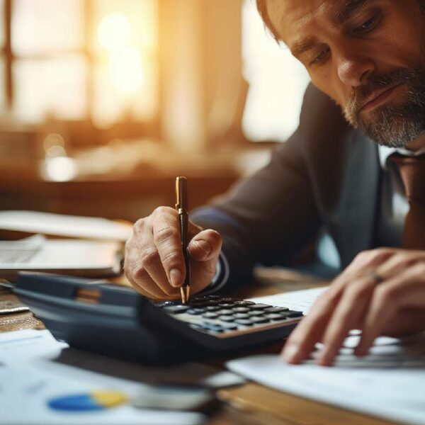 Hombre de negocios trabajando con el uso de una calculadora para calcular los números de los datos financieros